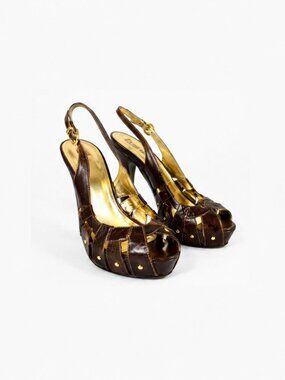Guess by Marciano Brown Leather Peep Toe Slingback Platform Heels Size 8